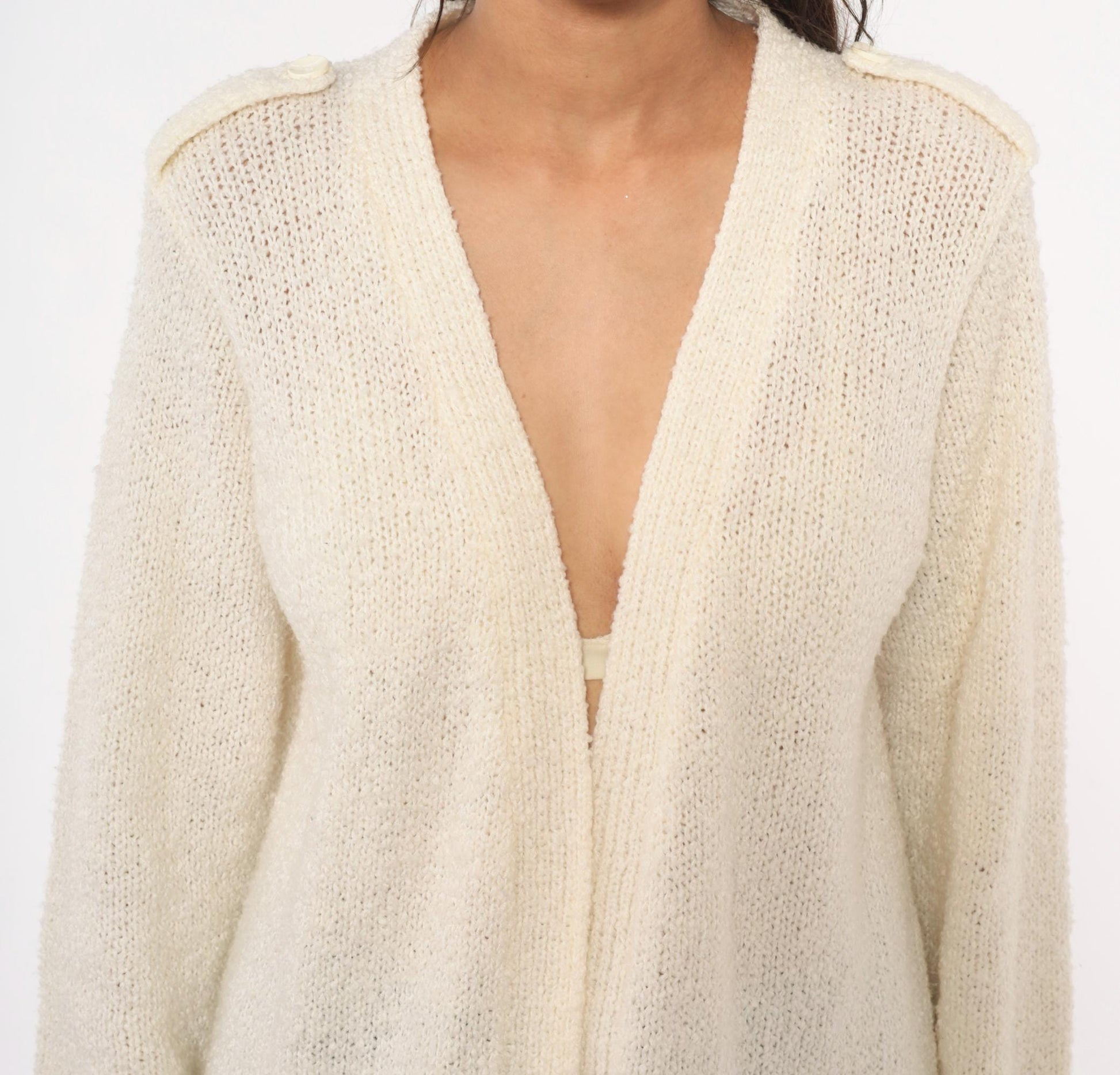 70s LeRoy Knitwear Open Front Cardigan Cream Bouclé Deep V Neck Medium