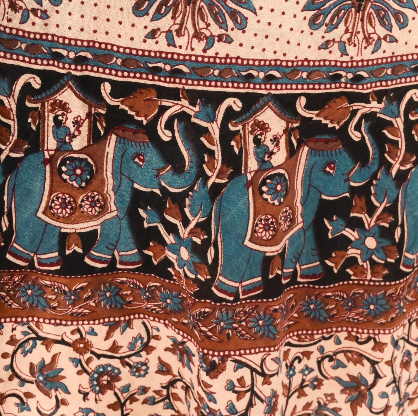 90s Indian Block Print Cotton Wrap Skirt Elephant Peacock Tan Black Teal Small-Large