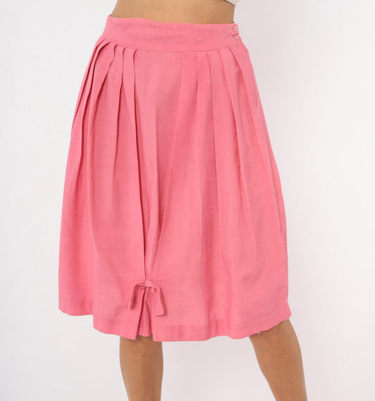 60s Pink Pleated Skirt High Waist Bubble Bow Tie Full Skirt Small