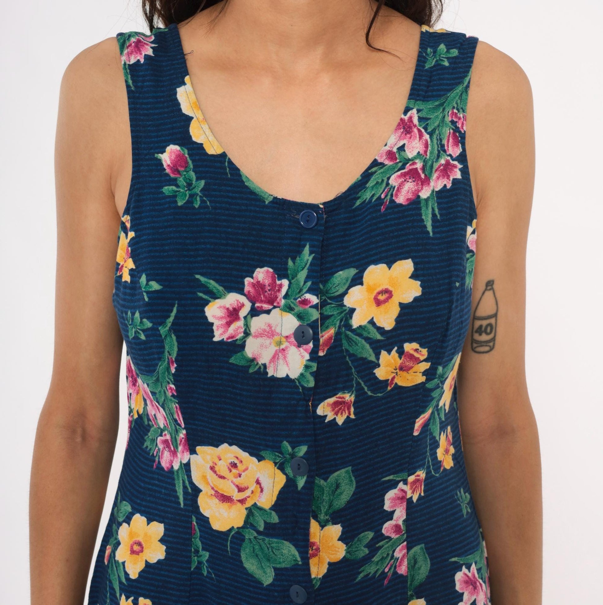 90s Tr Bentley Floral Sundress Navy Blue Yellow Rose Print Medium M
