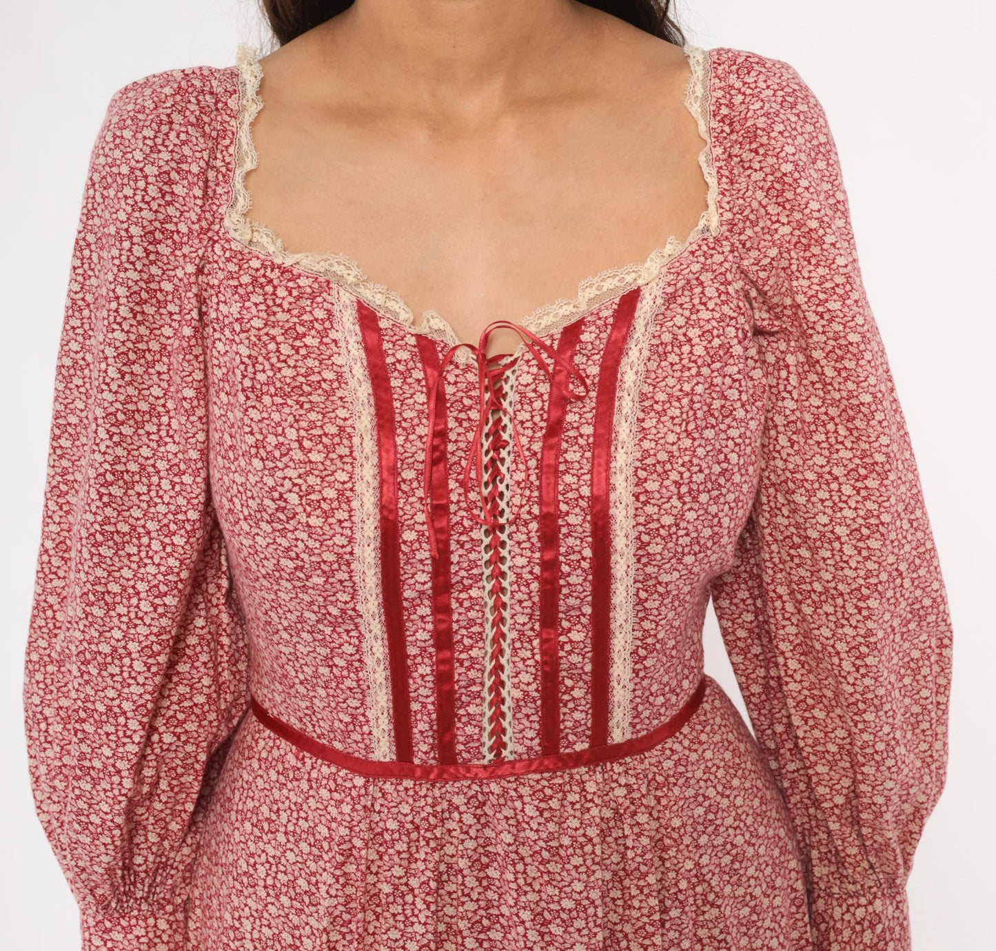 70s Wildes Red Calico Prairie Dress Lace Corset Puff Sleeve Maxi Small