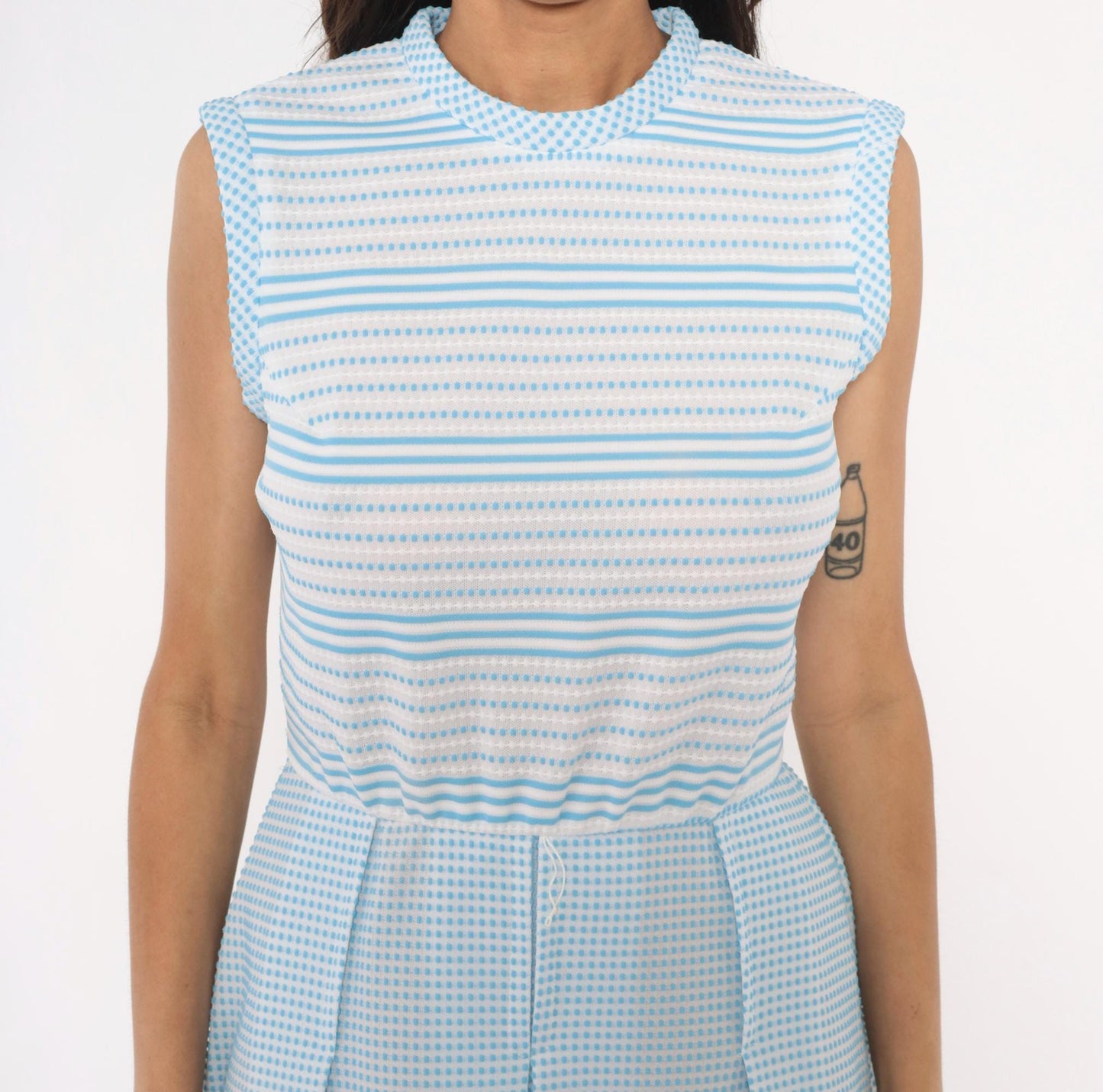 70s Vicky Vaughn Gingham Stripe Dress Sky Blue White Peter Pan Collar Medium