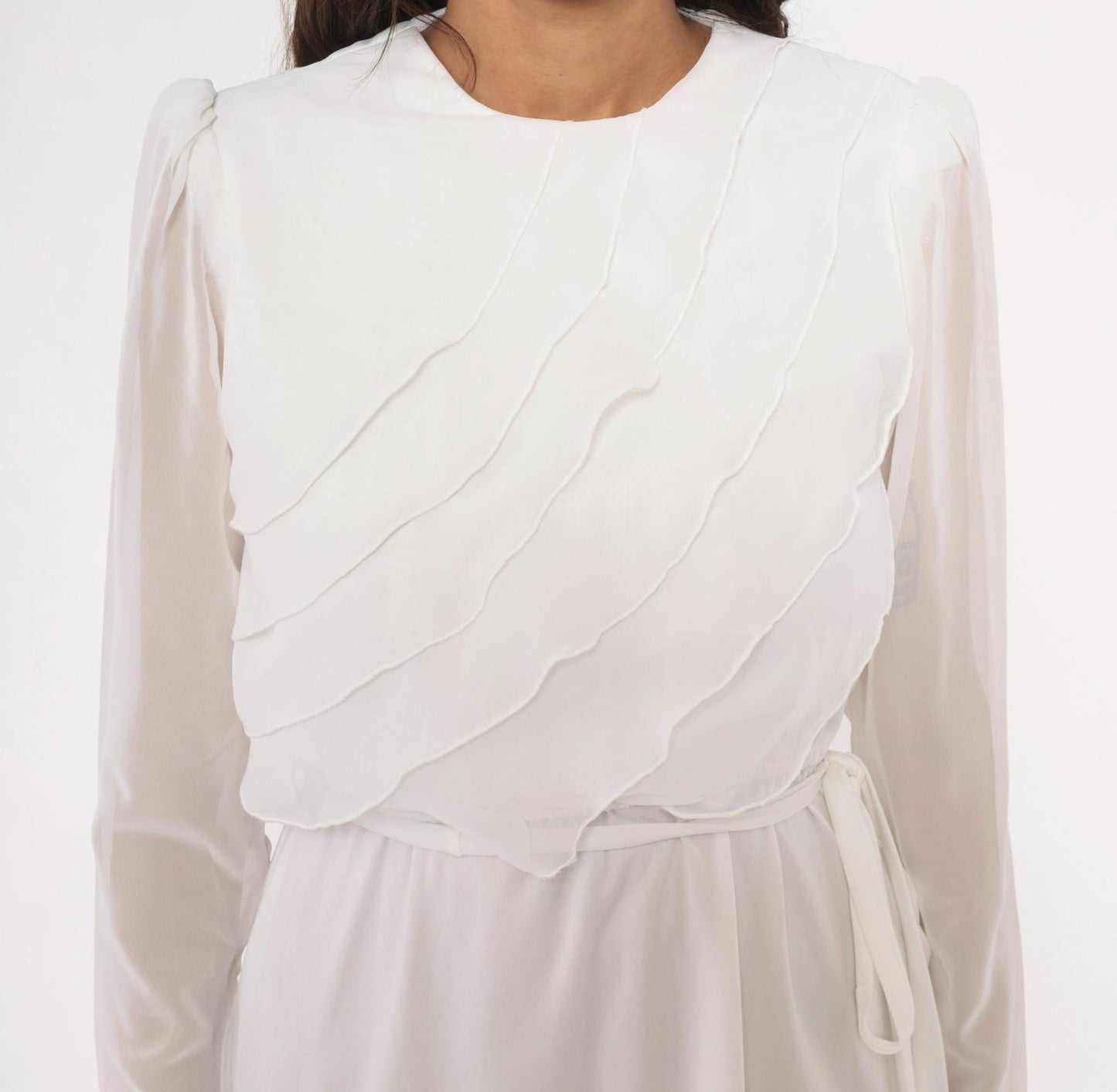 70s White Mini Dress Tiered Ruffle Chiffon Long Sleeve Crew Neck Small