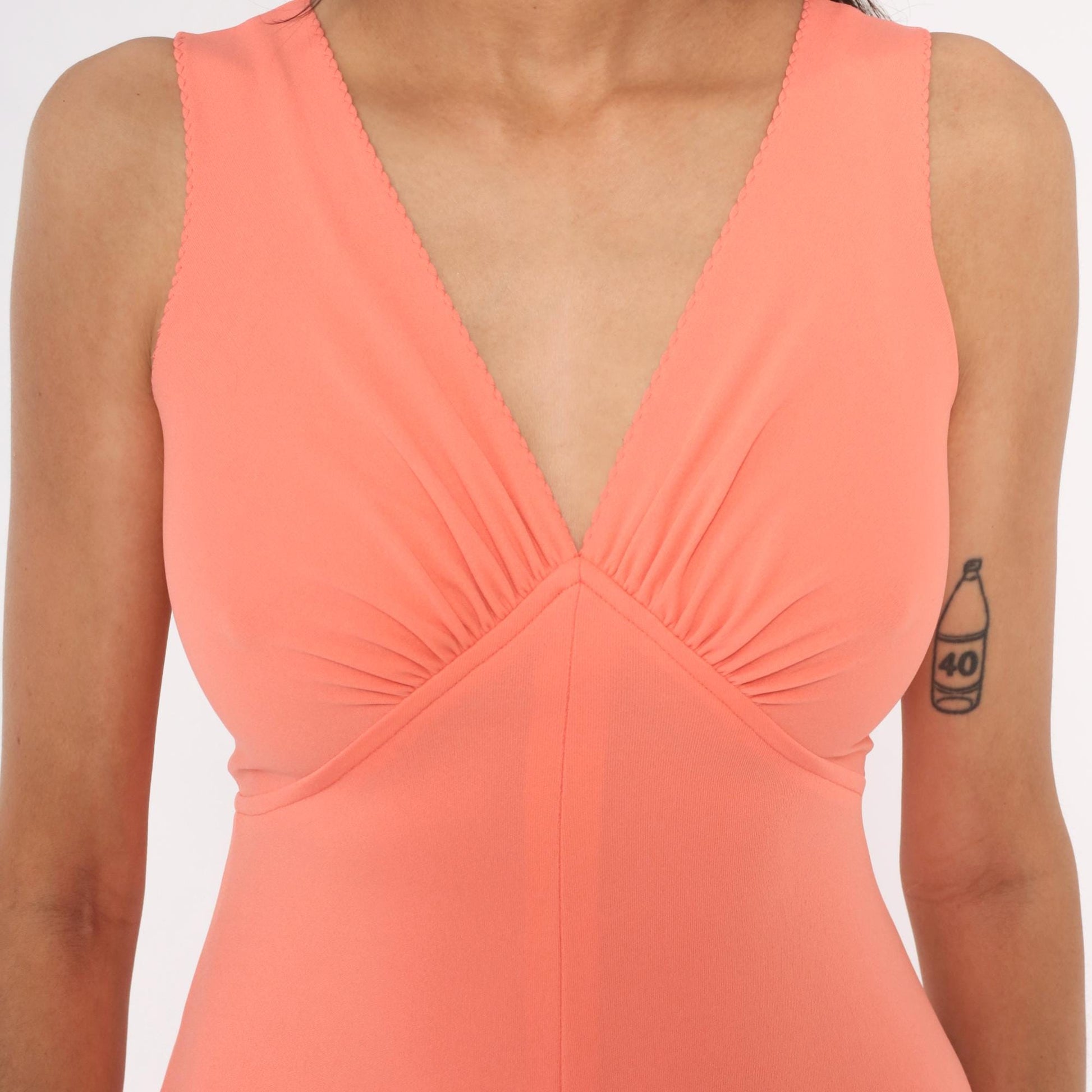 70s Coral Maxi Dress Sleeveless V Neck Empire Waist A-Line Small S
