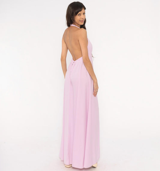 70s Lilac Halter Maxi Dress Empire Waist Open Back Floor Length Medium