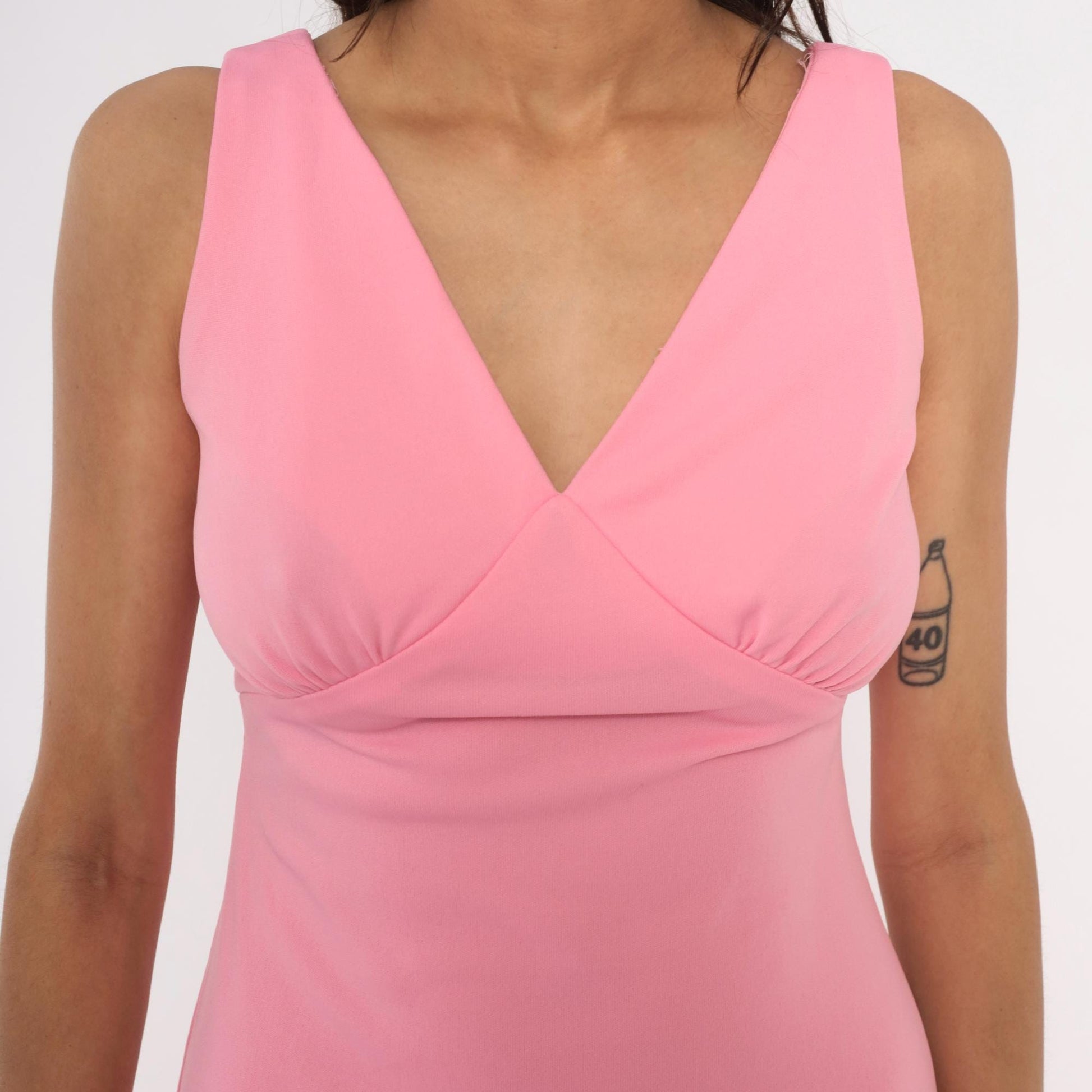 70s Bubblegum Pink Maxi Dress V Neck Empire Waist A Line Ankle Length Medium M