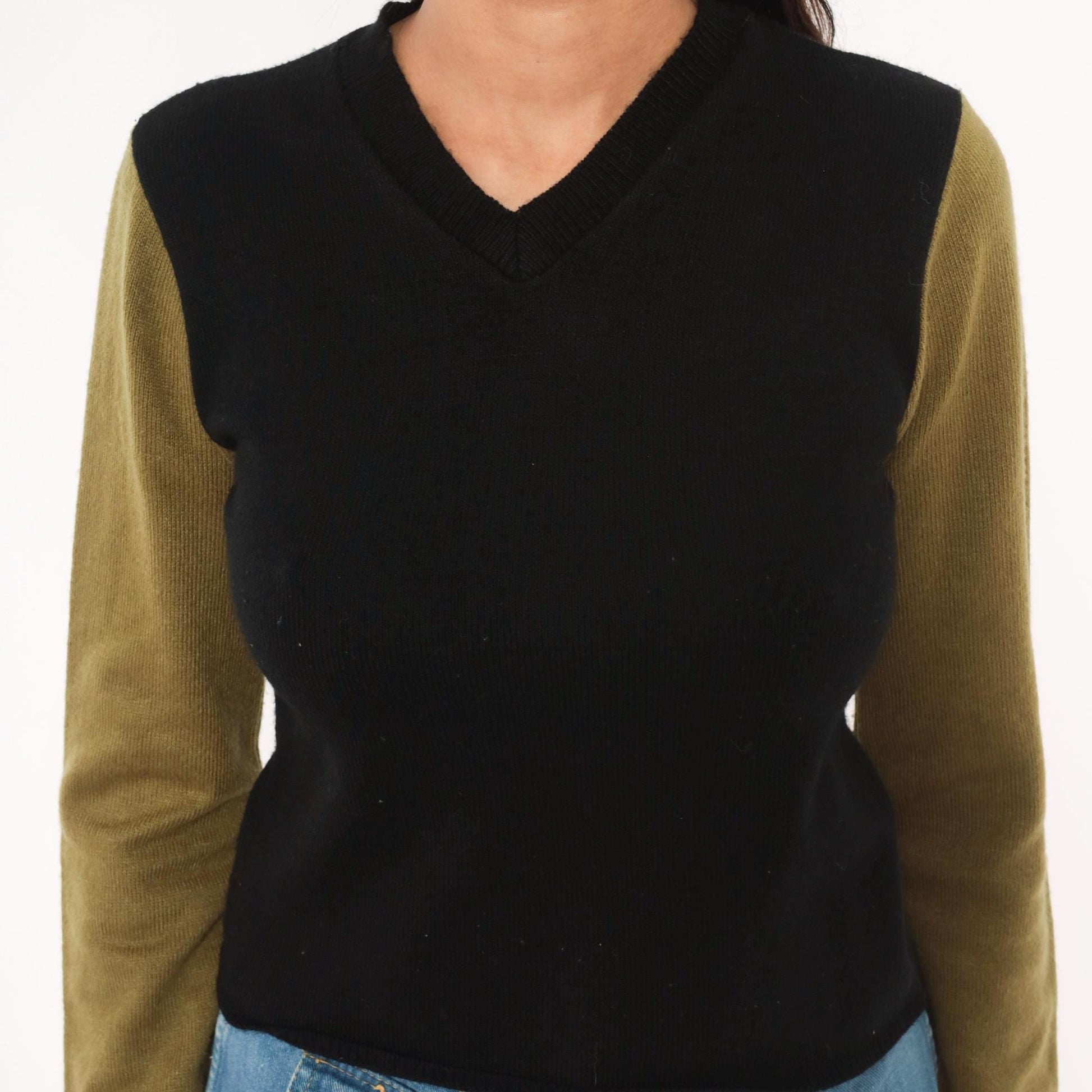 90s Catch 22 Color Block V-Neck Sweater Black Olive Green Small
