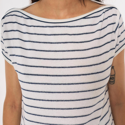 80s Catch One Striped Boat Neck Top White Navy Breton Knit Large L