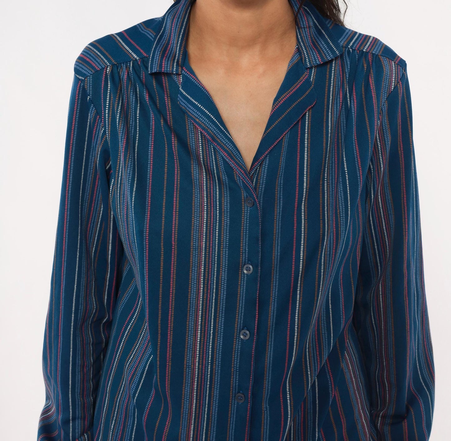 70s Sears Striped Button-Front Blouse Cobalt Blue Pink Pinstripe Medium
