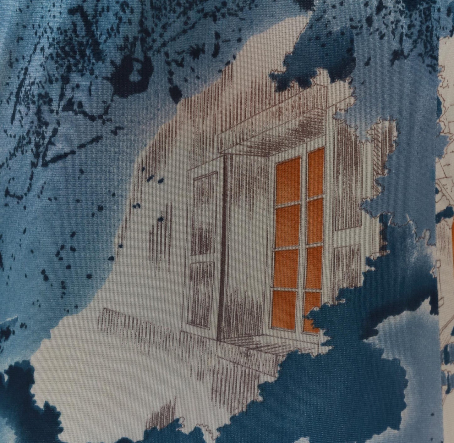 70s Triumph of California Architectural Print Shirt Blue Pointed Collar Medium
