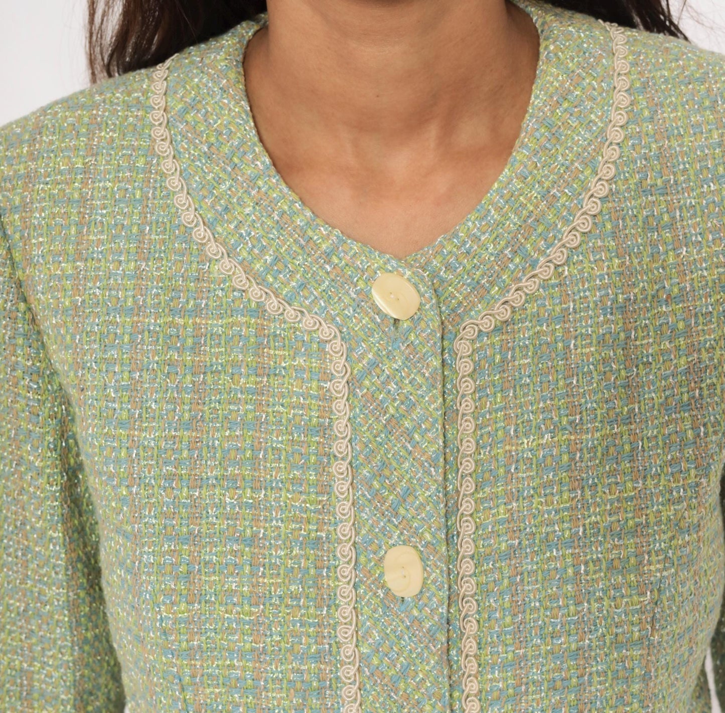2000s Henry Lee Sage Tweed Blazer Collarless V-Neck Boucle Small S