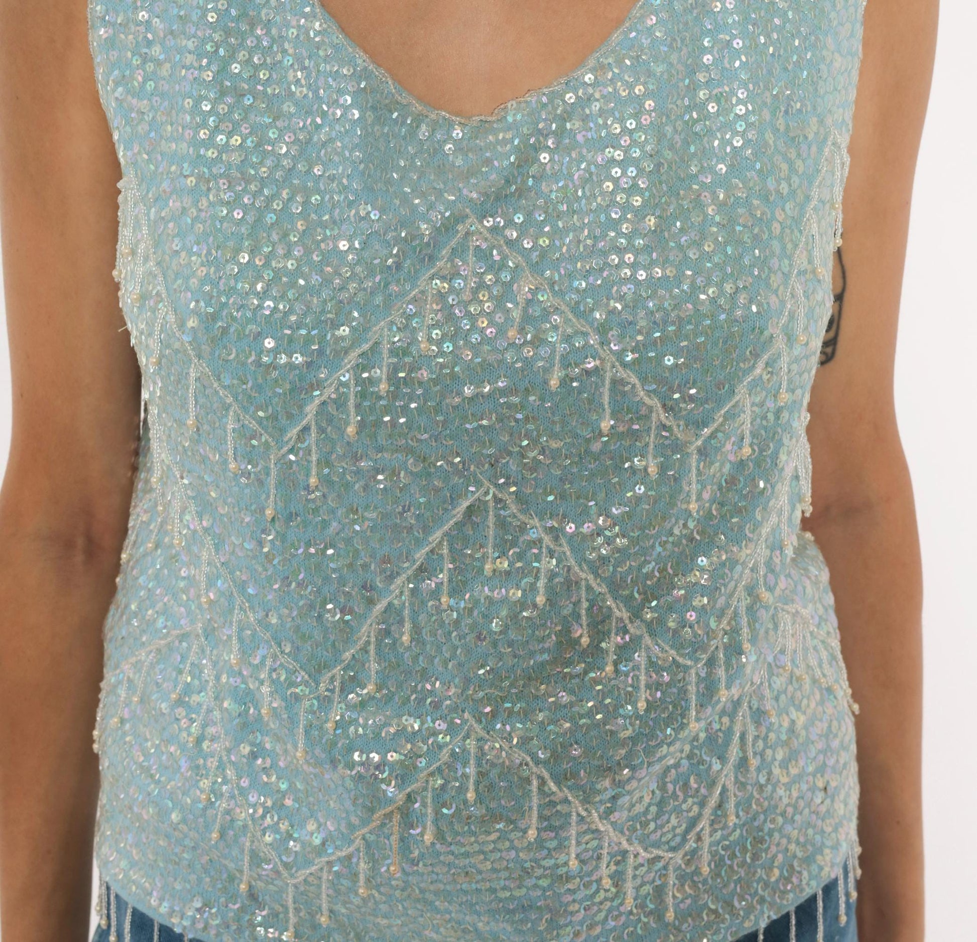 60s Baby Blue Sequin Shell Top Iridescent Beaded Fringe V Neck Tank Large