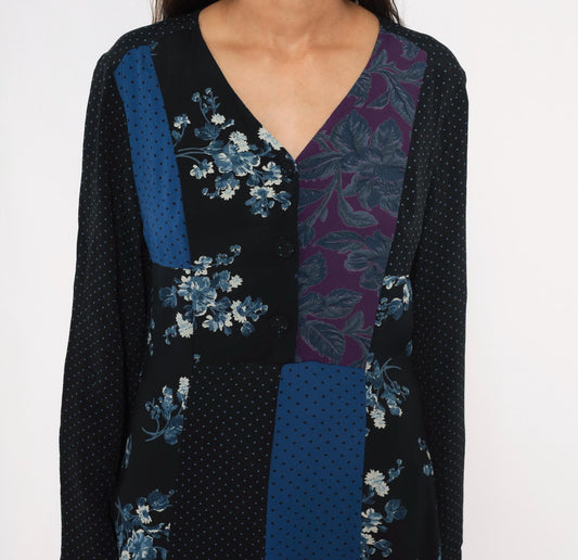 90s Carole Little Patchwork Floral Maxi Dress V Neck Button Front Medium M