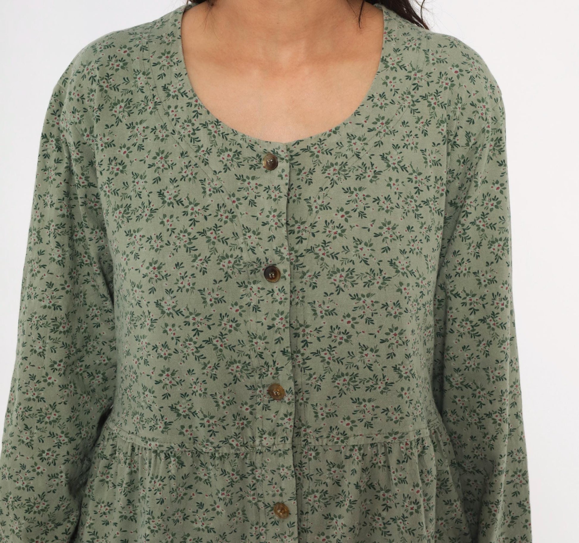 90s Sage Green Floral Button Front Dress Long Sleeve Cotton Prairie Gathered Waist Large L