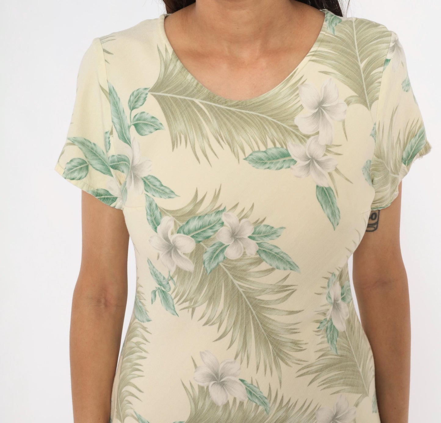90s Hilo Hattie Hawaiian Dress Plumeria Palm Leaf Cream Olive Medium M