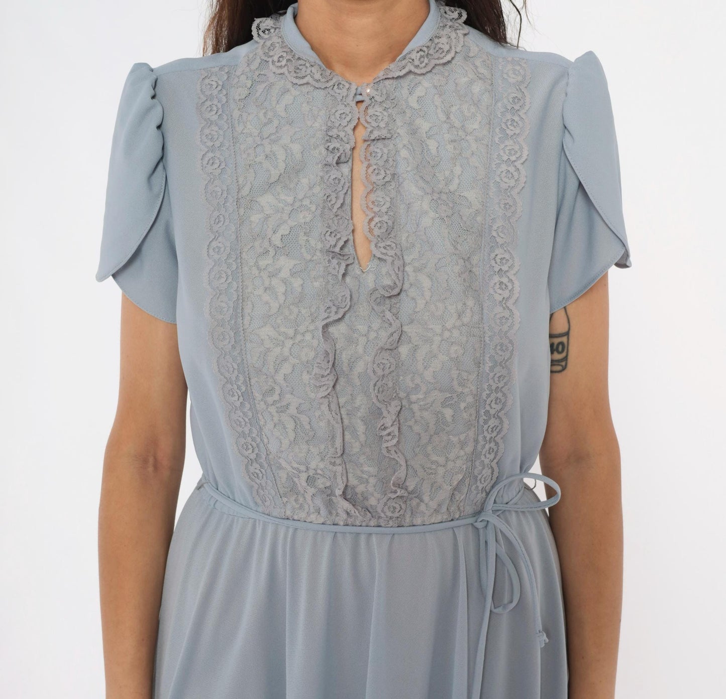 70s Powder Blue Lace Bib Midi Dress Puff Sleeve Keyhole Neckline Medium