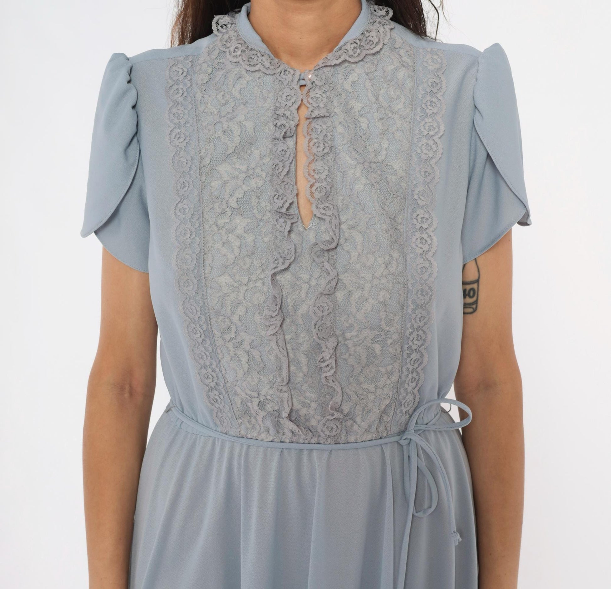 70s Powder Blue Lace Bib Midi Dress Puff Sleeve Keyhole Neckline Medium