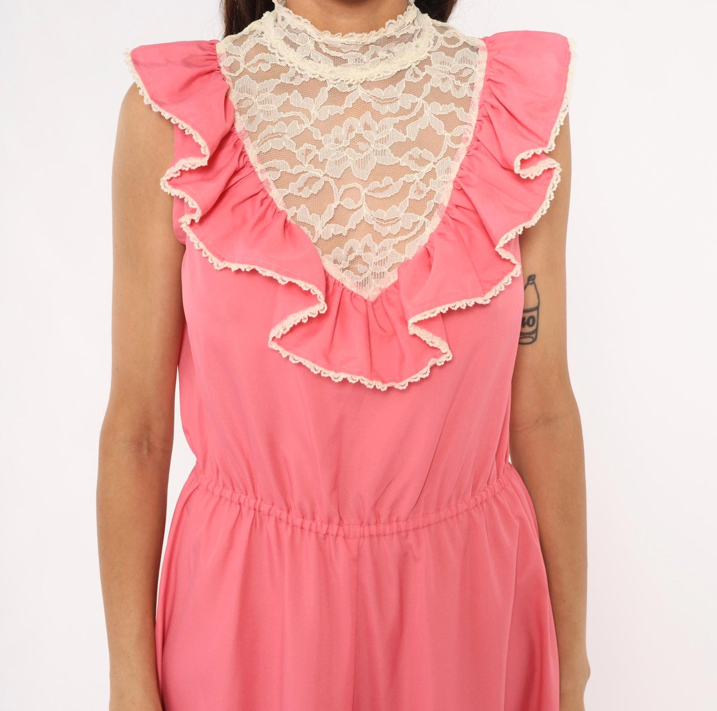 70s Pink Lace Bib Maxi Dress Ruffle Trim High Neck Floral Panel Medium