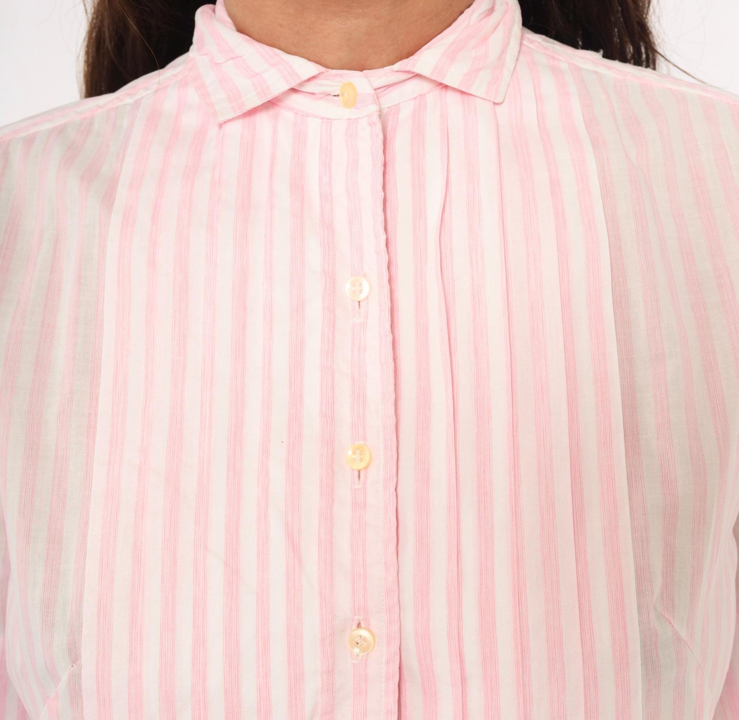 60s Pink White Striped Shirtdress Pleated Knee-Length Cotton Small
