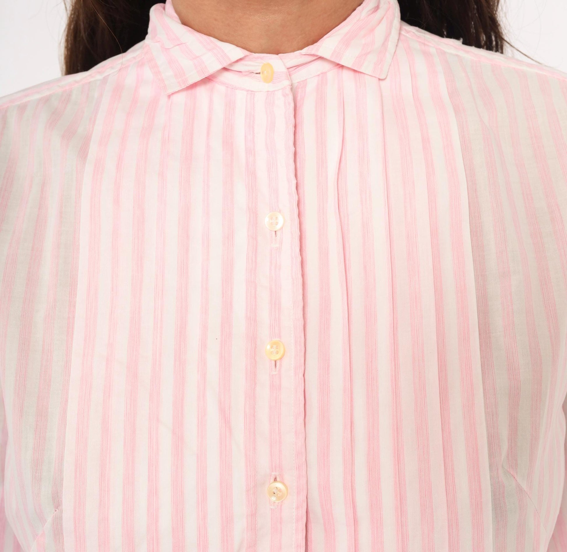 60s Pink White Striped Shirtdress Pleated Knee-Length Cotton Small
