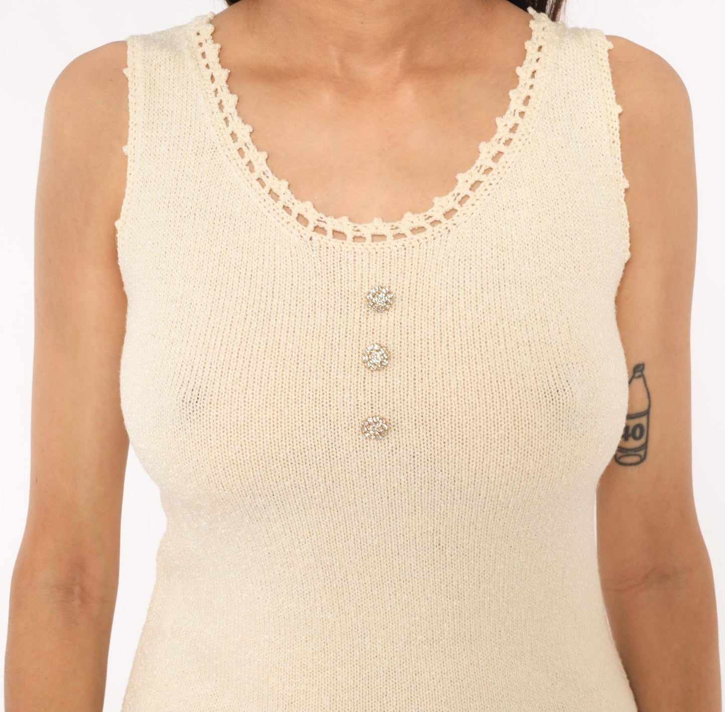 70s Cream Knit Sleeveless Mini Dress Crochet Trim Rhinestone Buttons Small Medium