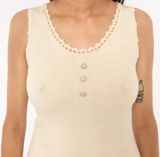 70s Cream Knit Sleeveless Mini Dress Crochet Trim Rhinestone Buttons Small Medium
