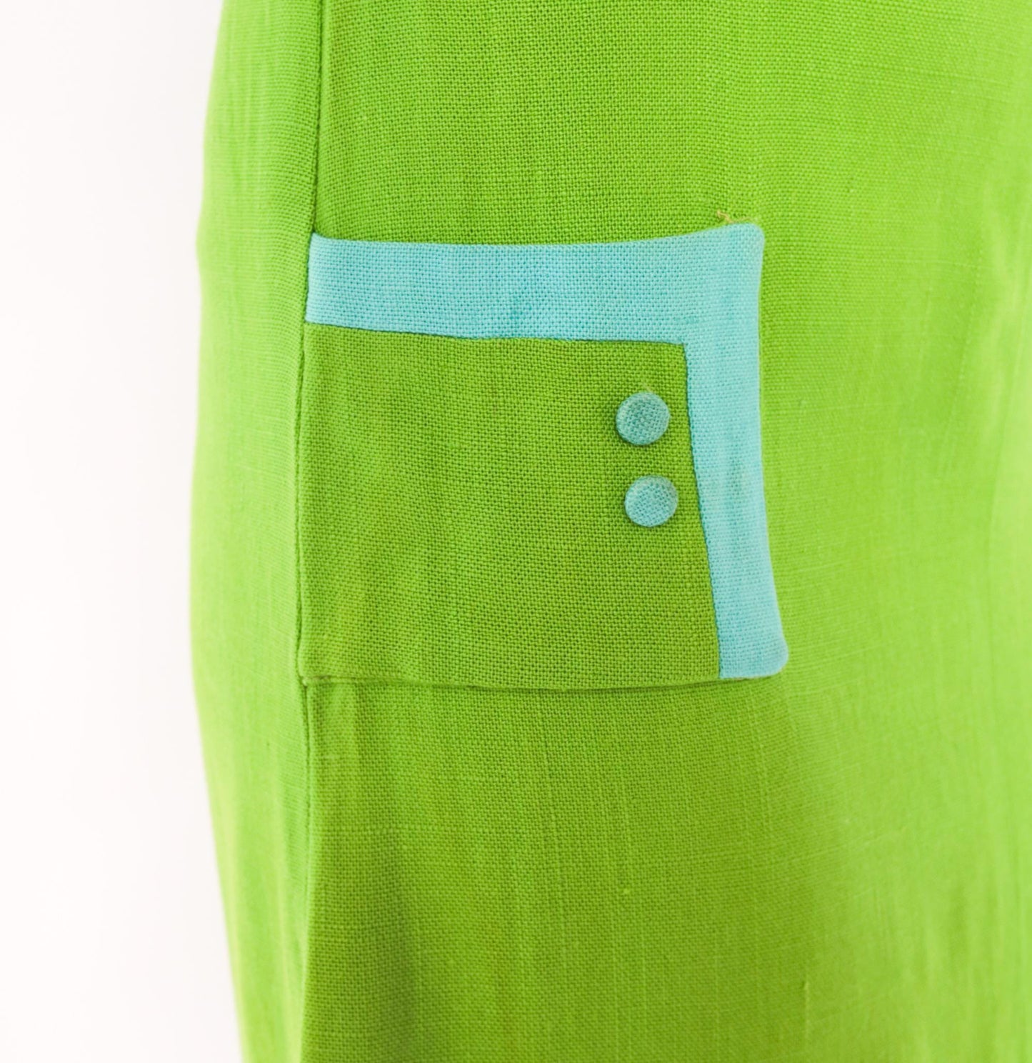 60s Mod Shift Dress Lime Green Aqua Trim Cotton Mini A-Line Extra Small XS