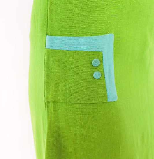 60s Mod Shift Dress Lime Green Aqua Trim Cotton Mini A-Line Extra Small XS