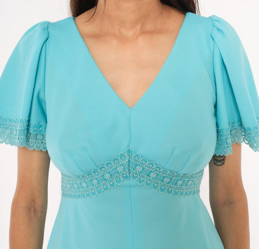 70s Sky Blue Mini Dress Flutter Sleeve V-Neck Scalloped Lace Embroidered Small