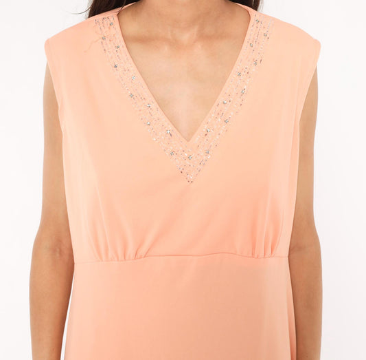 1970s Peach Beaded Empire Waist Dress Sequin V-Neck Knee-Length Extra Large XXL