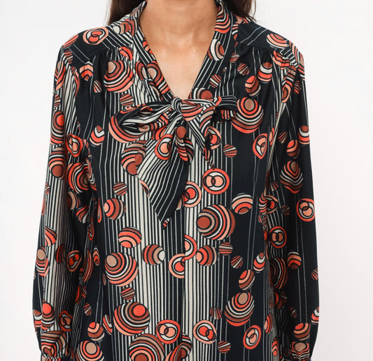 70s Geometric Circle Print Shift Dress Black Orange Pussy Bow Tie Neck Large L