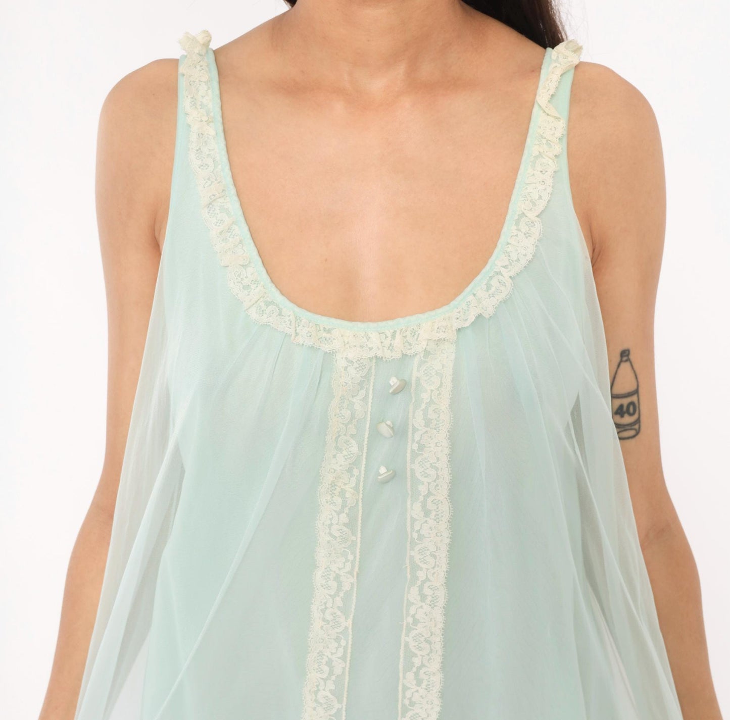 70s Seafoam Babydoll Nightgown Lace Trim Sheer Chiffon Mint Green Mini Medium