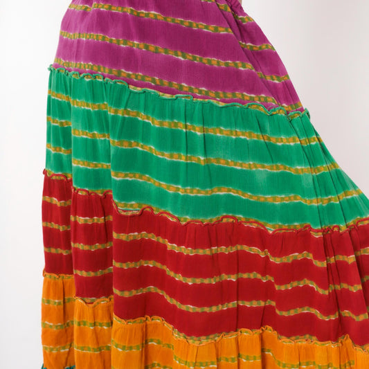 90s Rainbow Broomstick Maxi Skirt Tiered Striped Cotton Crinkled Extra Large XL