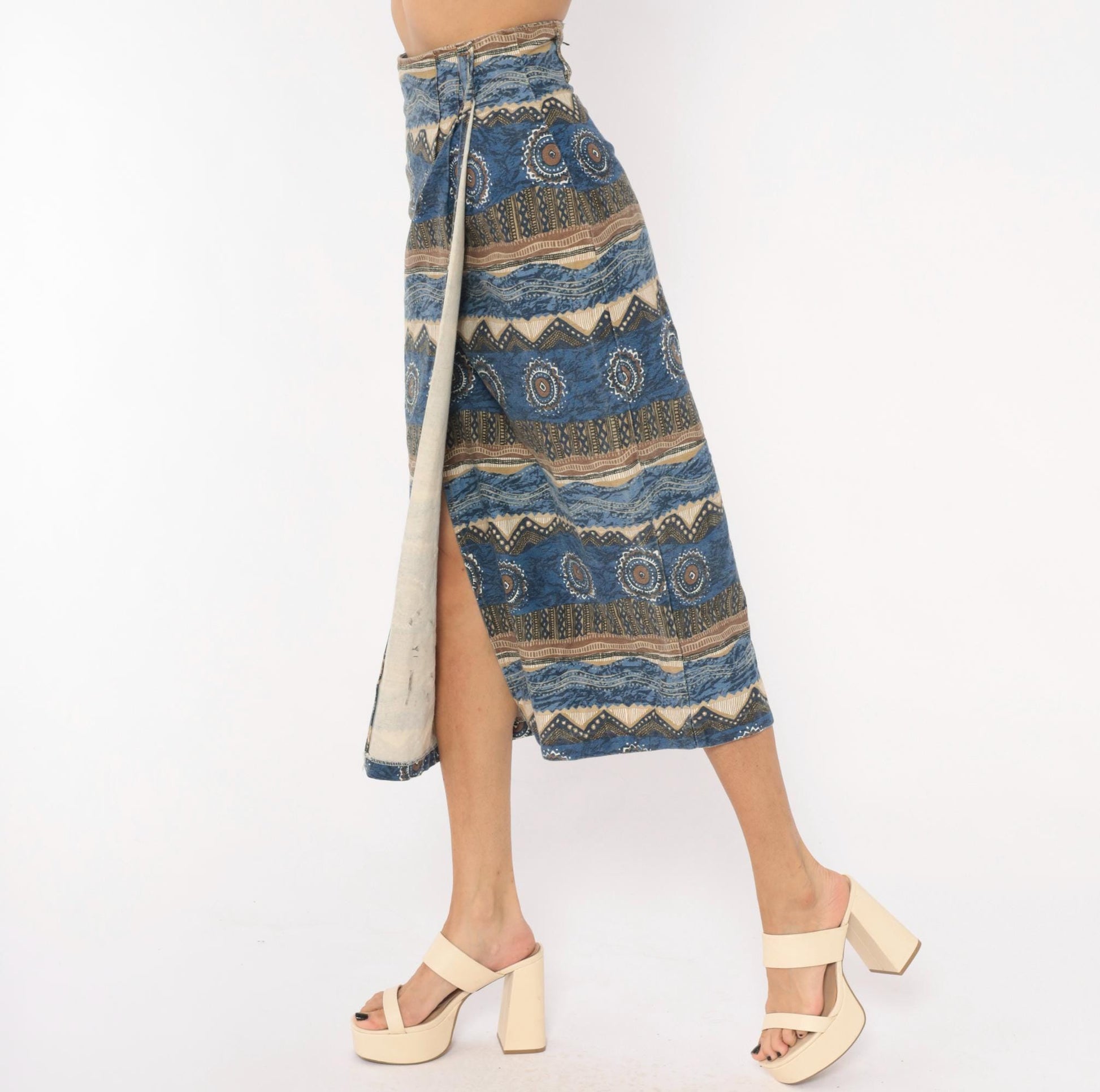 90s Southwestern Tribal Midi Skirt Blue Cream Cotton High Waist Wrap Small