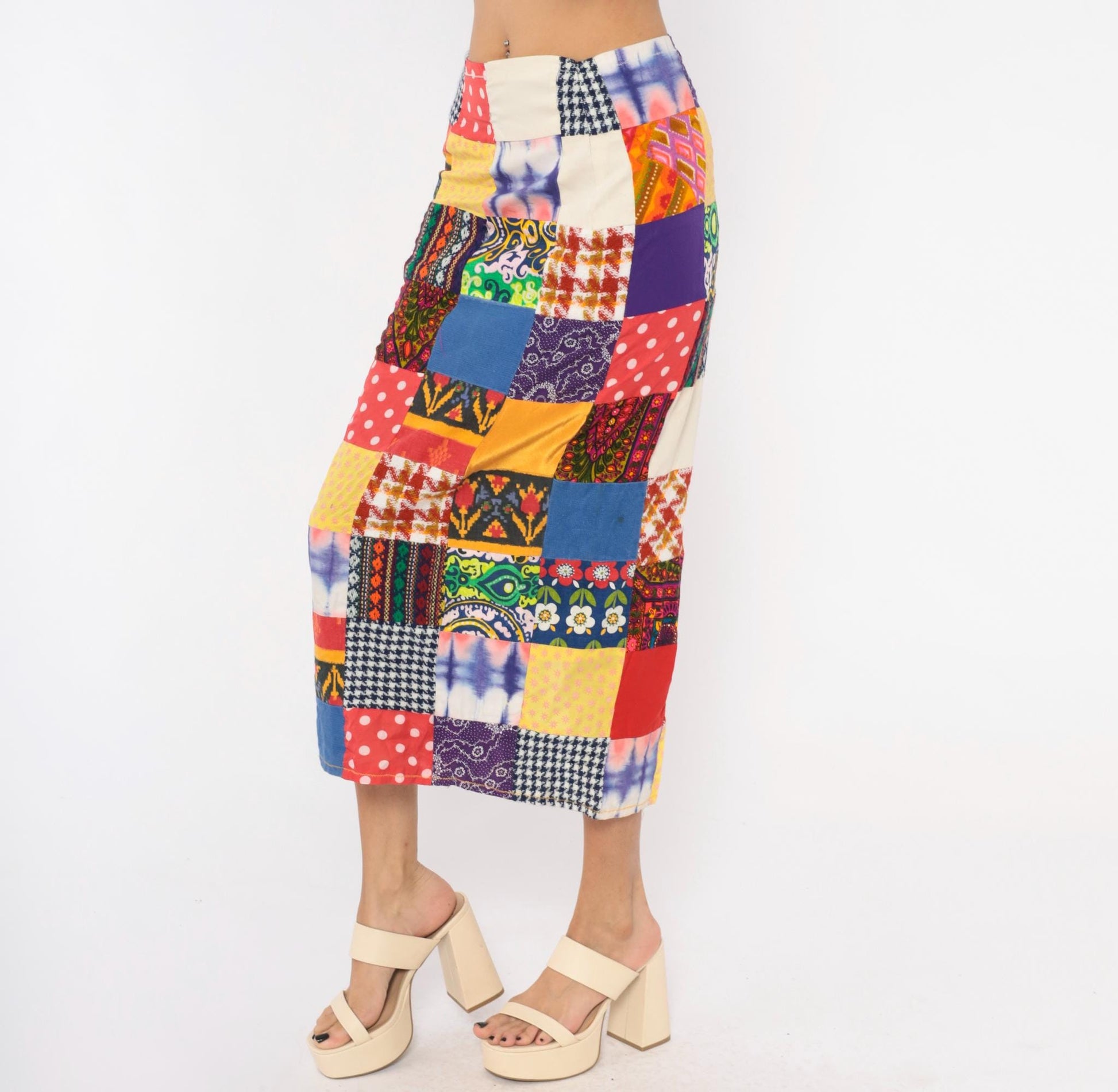 70s Patchwork Midi Skirt Quilted Multicolor High Waist Pencil Small