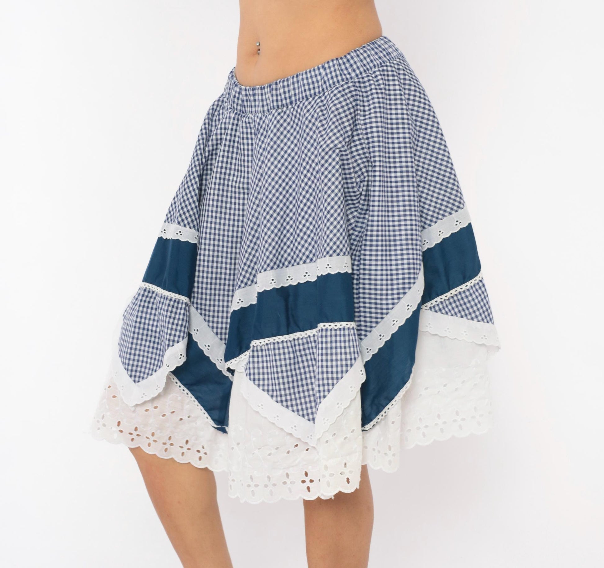 80s Jeri Bee Gingham Circle Skirt Blue White Eyelet Lace Trim Small