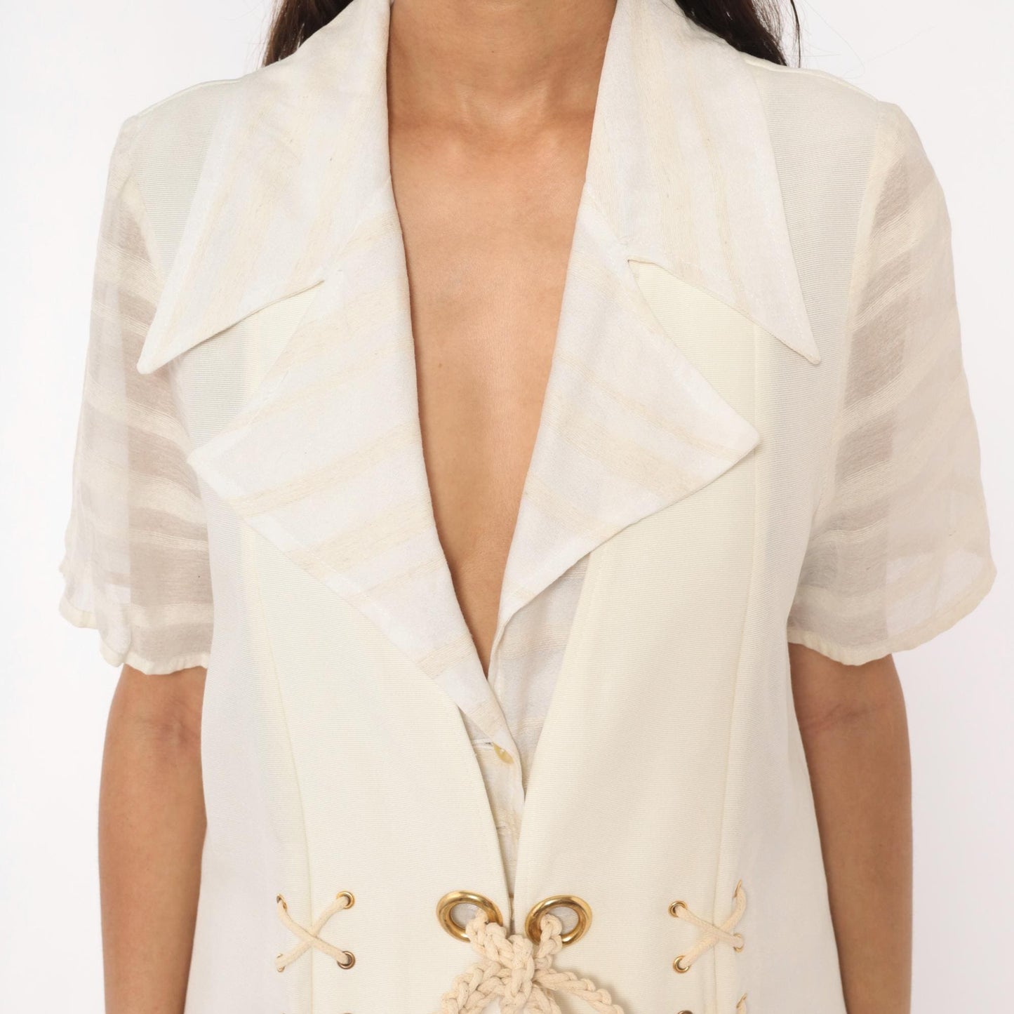 90s Mack Harold Cream Blazer Dress Lace-Up Corset Mini Nautical Medium M