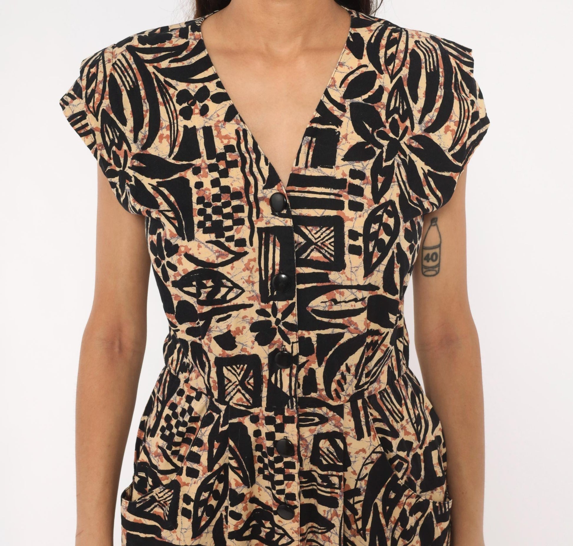 80s Tapa Print Dress Black Tan V-Neck Cotton Tropical Floral Pencil Small