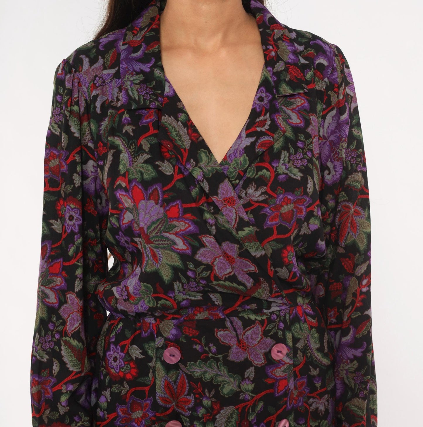 90s Breli Originals Floral Wrap Dress V Neck Long Sleeve Black Purple Small