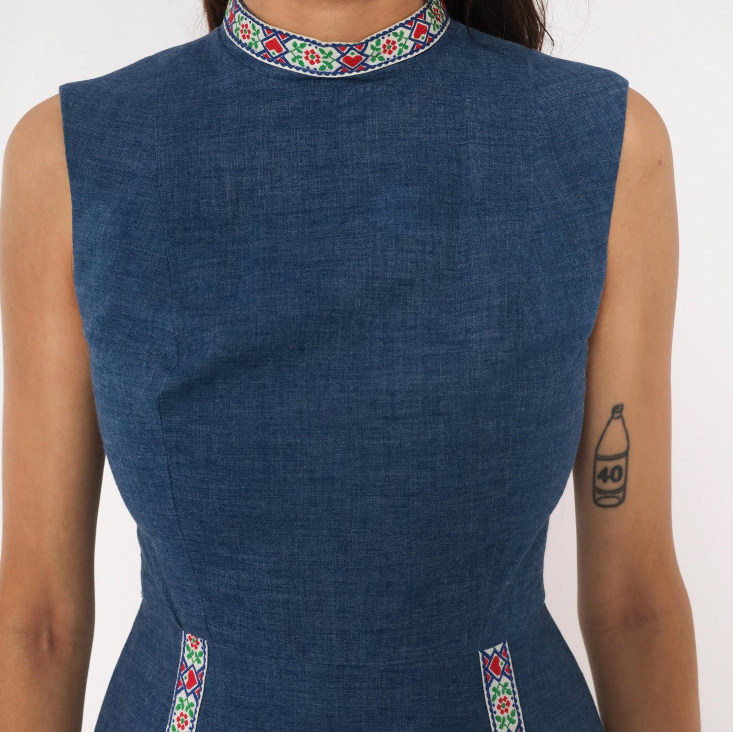 60s Navy Chambray Romper Embroidered Folk Floral Mock Neck Playsuit XS