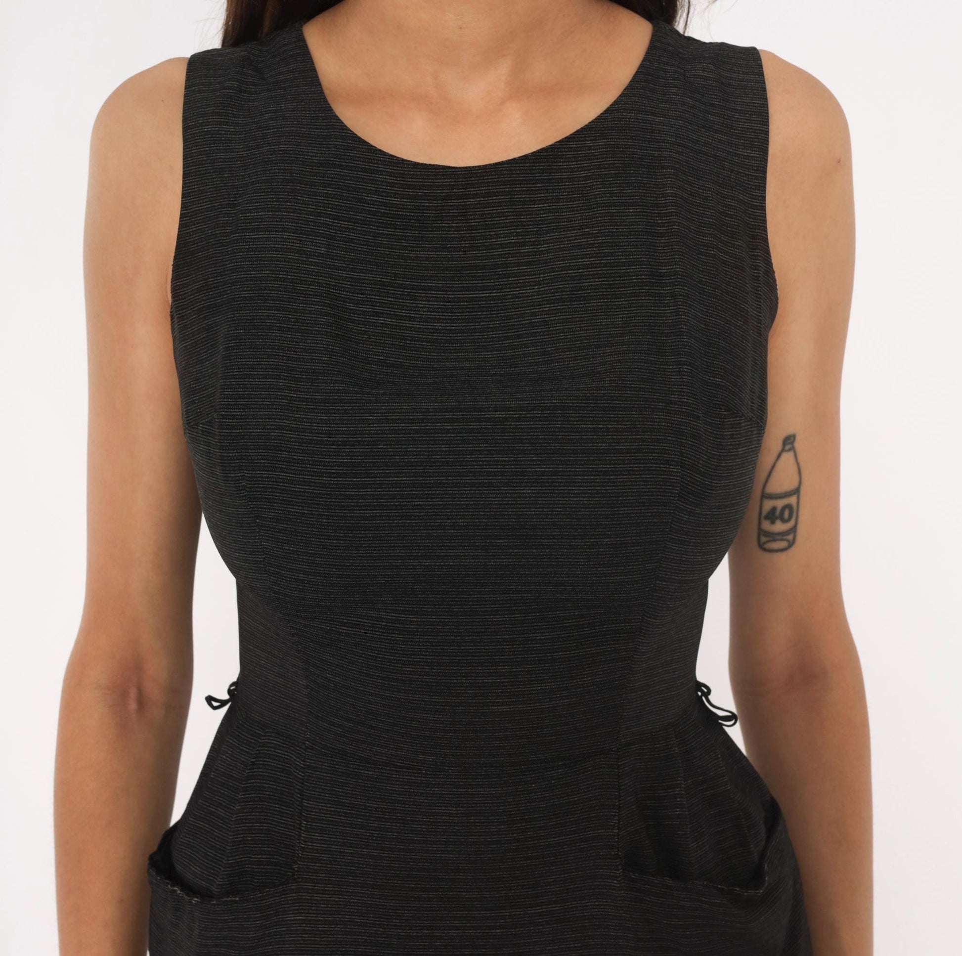 60s Mod Mini Dress Black Grey Pinstripe Sleeveless Shift Extra Small XS