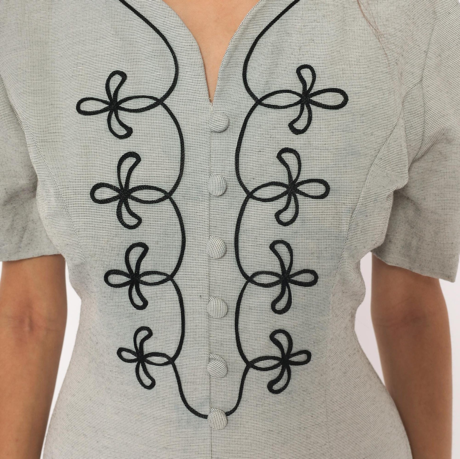 90s DJI Grey Midi Dress Soutache Embroidered Button Front V Neck Medium M