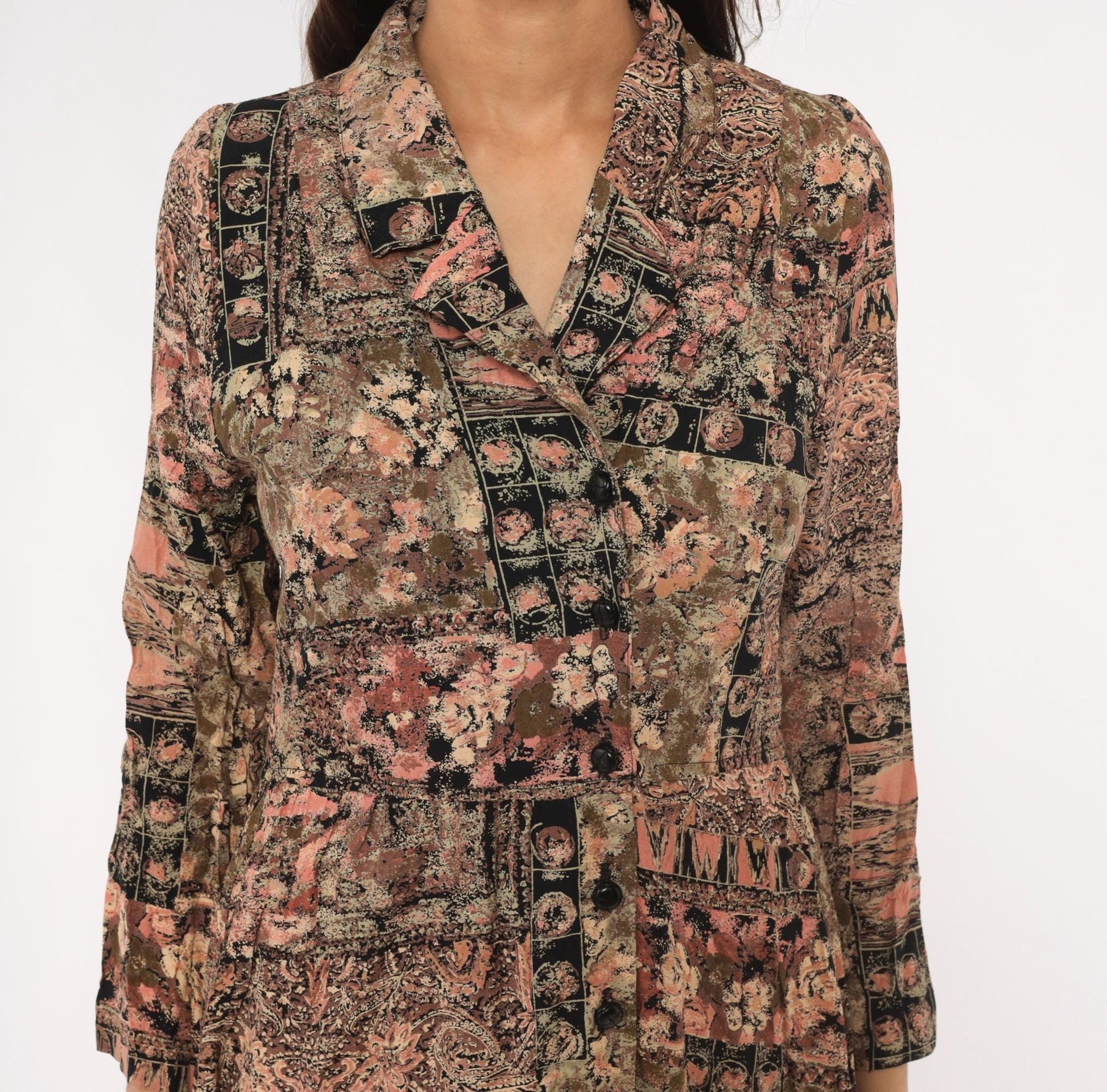 90s Patchwork Floral Midi Dress Paisley Mixed Print Pink Black Olive Small