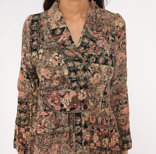 90s Patchwork Floral Midi Dress Paisley Mixed Print Pink Black Olive Small
