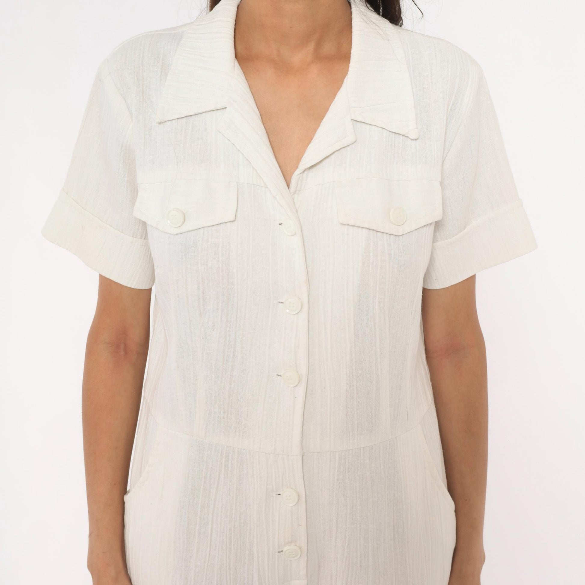 70s White Cotton Linen Jumpsuit Button Front Wide Leg Camp Collar Medium M