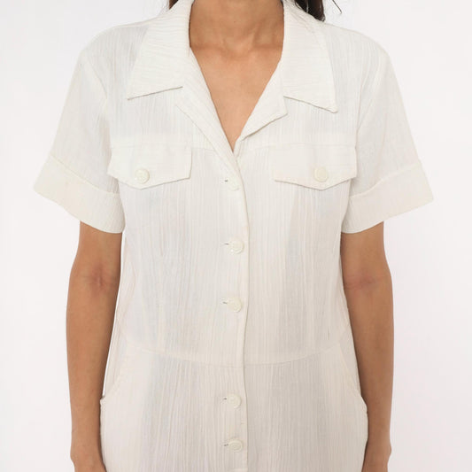 70s White Cotton Linen Jumpsuit Button Front Wide Leg Camp Collar Medium M