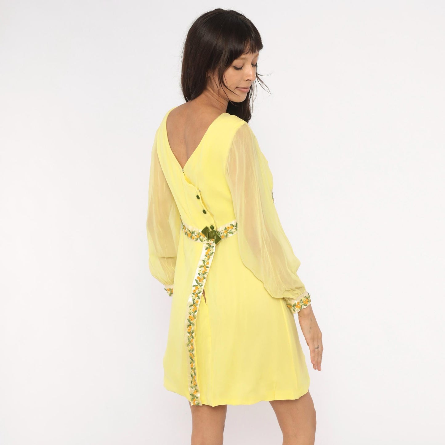 1960s Yellow Chiffon Empire Waist Mini Dress Embroidered Floral Small
