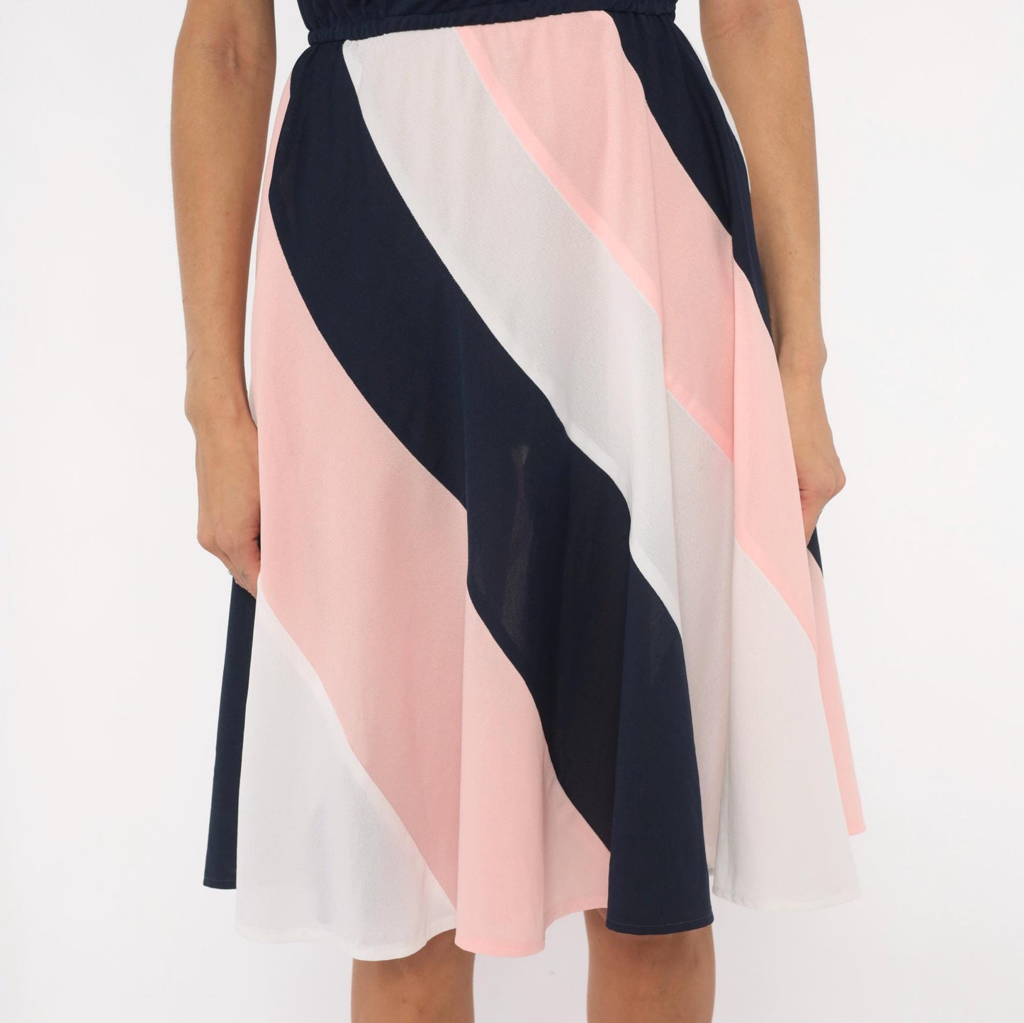 70s Navy Colorblock Sundress Pink White Diagonal Stripe Knee-Length Medium