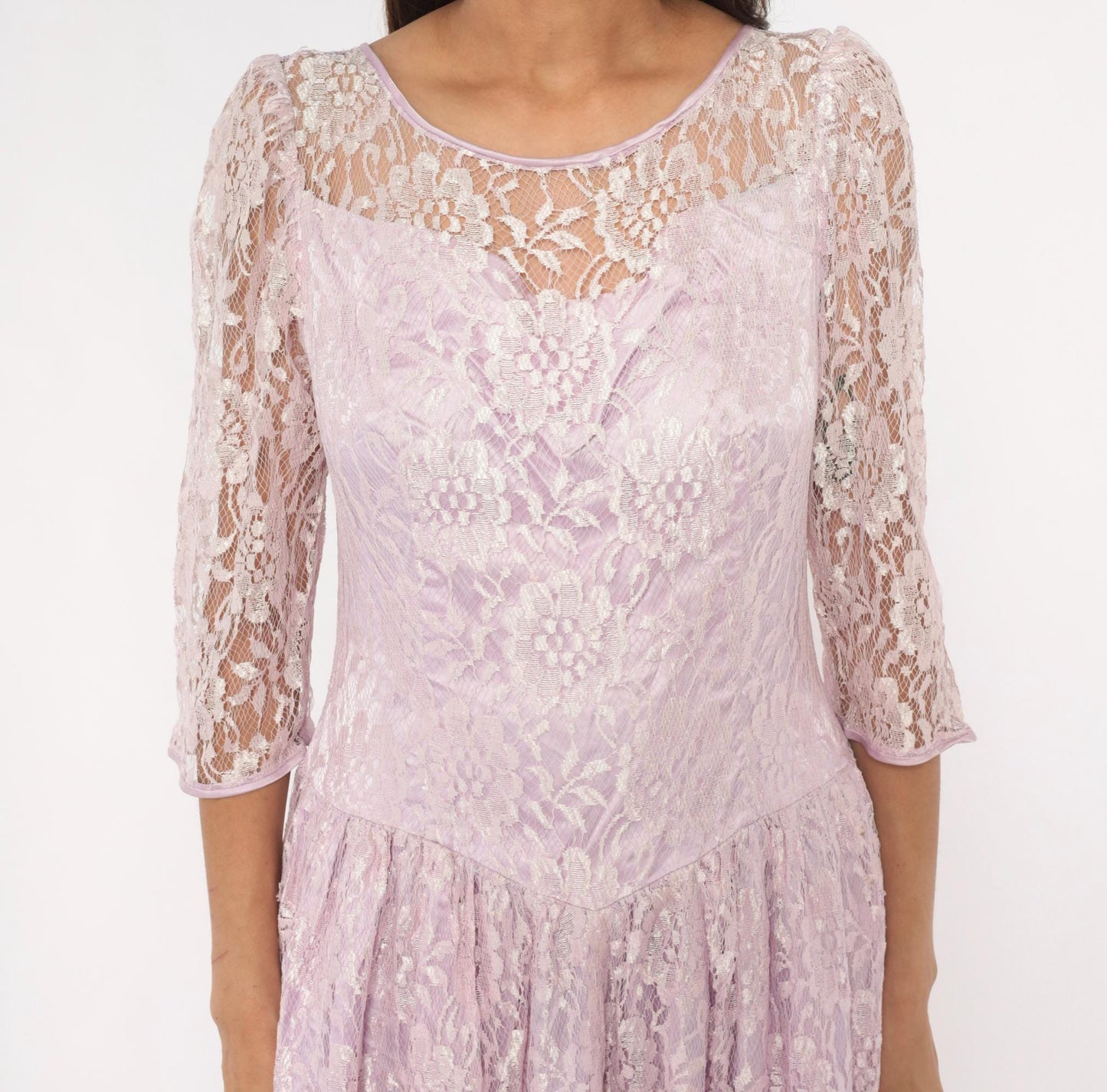 80s Lavender Lace Maxi Dress Floral Sheer Sleeve Drop Waist Large L