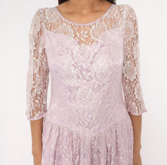 80s Lavender Lace Maxi Dress Floral Sheer Sleeve Drop Waist Large L